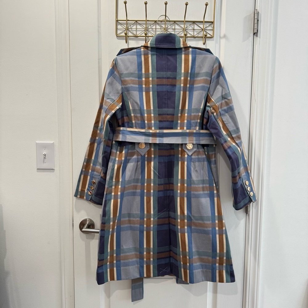 CAbi Multicolor Plaid Trench Coat w/ Gold Buttons - Picture 5 of 9